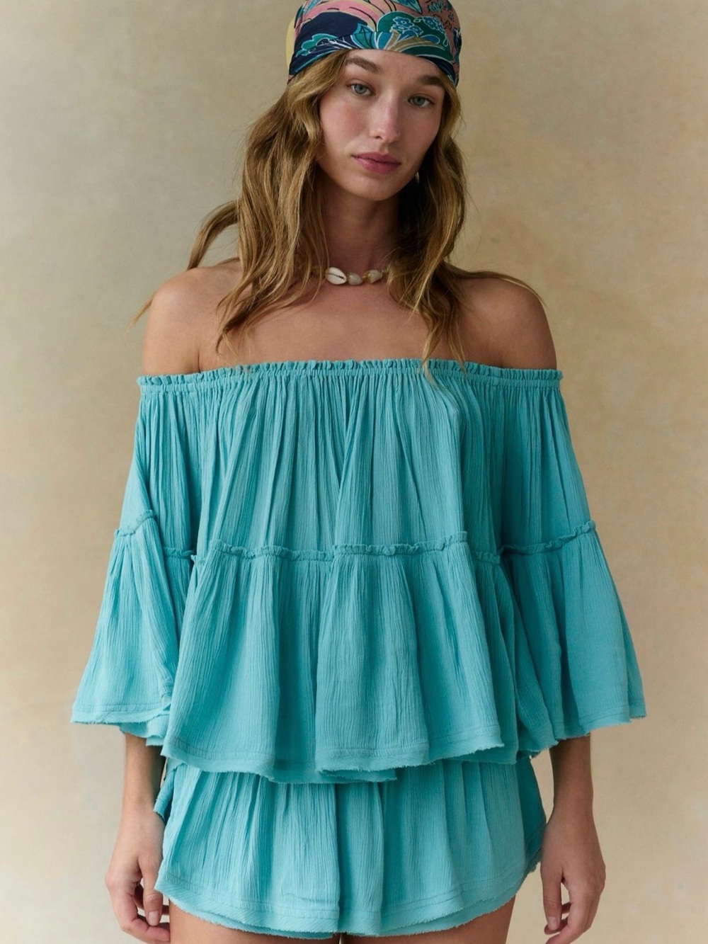 Free People Turquoise Off-Shoulder Tiered Top and Shorts Set